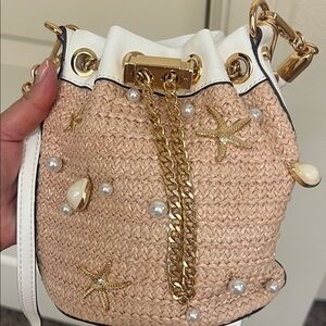 Aldo Beige and White Mini Bucket Bag with Gold Accents